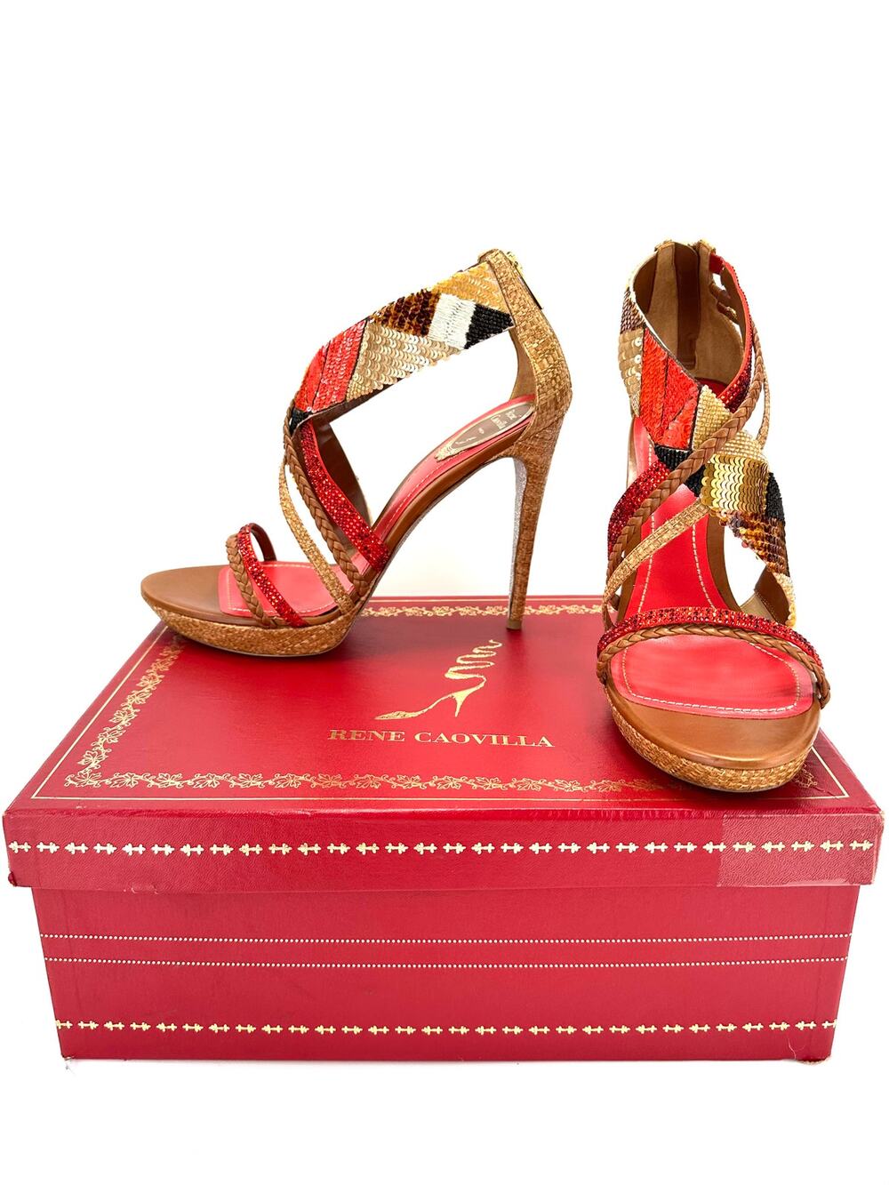Rene Caovilla Legno RARE FIND Stiletto Sandal Sz 10.5M Red/Gold/Tan Embellished